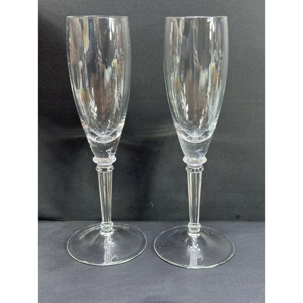 2 Crystal Cut Glass Champagne Flute Goblet Hexagonal Stem Design Elegant Colle